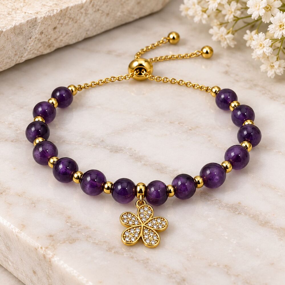 HAN 925 Sterling Silver Amethyst Bead Bolo Bracelet Gold Flower Charm Purple
